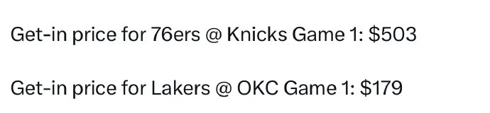 NBA季后赛门票价格差异显著 雷霆湖人低价票引关
